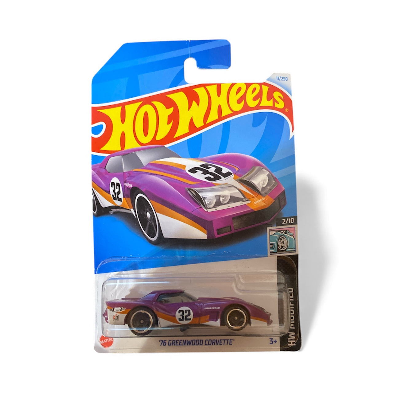 Hot Wheels ’76 Greenwood Corvette – HW Modified 2/10 – Purple & Orange – 11/250 (Bent Card)